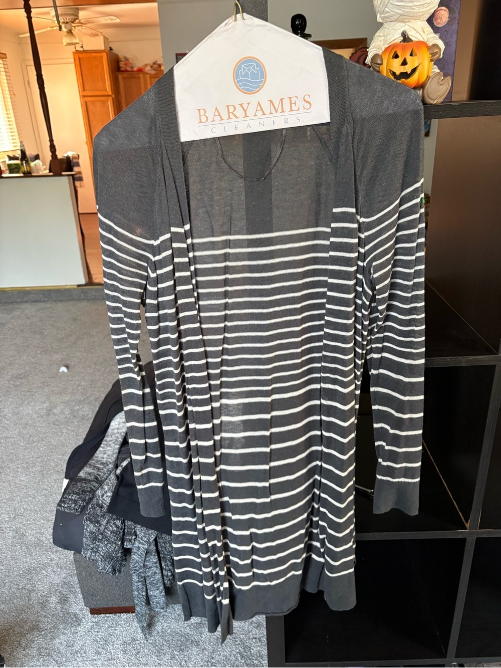 LOFT Black and White Striped Open Cardigan